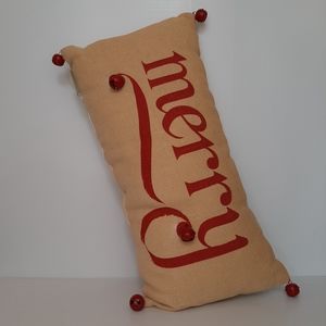 Pottery Barn MERRY Jingle Lumbar Pillow Natural Jute Christmas Red Bells